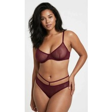 Lunaintim Arkası Çapraz Bantlı Tül Tanga - Önü Transparan ve Kafes Detaylı String - Deep Burgundy