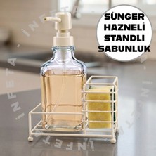 İnfeta Metal Standlı Sünger Hazneli 500 ml Cam Sıvı Sabunluk & Deterjanlık -Tezgah Üstü Beyaz Metal Standlı Mutfak Sabunluk