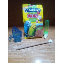 Vitakraft Vital Menu Muhabbet Kuşu Yemi 500 Gr+Mavi Elekli Yemlik+20 cm Ahşap Başlıklı Tünek+10 cm Parmak Suluk