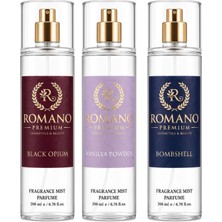 Romano Bombshell-Vanilya Powder-Black Opium Üçlü Set Vücut Spreyi 200 ml Kalıcı Yüksek Esans