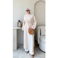 RFK Butik Kadın Seyyar Kemerli Tensel Yırtmaç Detaylı Tunik Boy Bluz - Taş