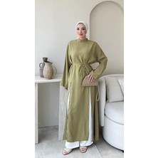 RFK Butik Kadın Seyyar Kemerli Tensel Yırtmaç Detaylı Tunik Boy Bluz - Yeşil