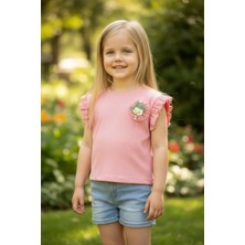 Erca Home Tekstil Ürünleri %100 Pamuklu Kolu Fırfırlı Çiçek Aksesuarlı Fitilli Şık Yazlık Badi / Tişört / Bluz  5y,6y,7y,8y Kız