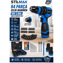 Stilmax 18V Brushless Şarjlı Matkap Seti | 84 Parça Çelik Mandren | Çift Akülü 2.0AH Vidalama Darbeli  Mak