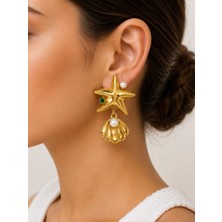 cm Jewelry Inci Detaylı Deniz Yıldızı ve Deniz Kabuğu Gold Çelik Küpe