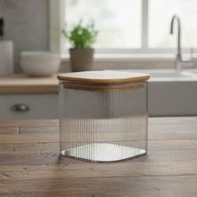 Bambu Kapaklı Kare Cam Saklama Kavanozu (10X10 Cm) - Vakum Kapaklı Şeffaf Erzak Kabı ve Mutfak Düzenleyici Organizatör