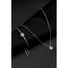 C&On Design Gümüş Kaplama Zirkon Taşlı Kalp Charm Model Kadın Kolye ve Bileklik Seti