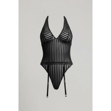 C&city Siyah Çizgi Desenli Jartiyerli Bodysuit Siyah