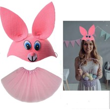 Tavşan Kostümü Pembe - 23 Nisan Tavşan Şapka ve Tütü Etek Seti 2 Parça