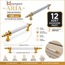 Compact Aria 128 mm Altın Beyaz Çizgili Dolap Kulpu 12'li Paket | 12 Adet Kulp + Montaj Vidaları