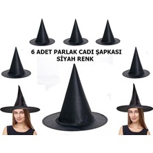 Siyah Renk Parlak Dralon Cadı Şapkası Yetişkin ve Çocuk Uyumlu 6 Adet