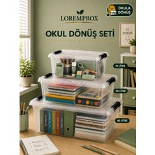 Lorempbox Okul Dönüş Düzenleme Seti 3’lü – 10 L + 20 L + 40 L Şeffaf Kilitli Saklama Kutusu | Ders Kitabı, Defter ve Kırtasiye Düzenleyici