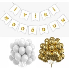 Zenviva Beyaz Gold Iyi Ki Doğdun Banner+Beyaz ve Gold Balon