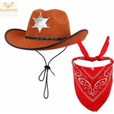 Çocuk Kovboy Şapka Rozetli Kahverengi & Kırmızı Bandana Seti