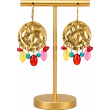 Haki Store Gold Yuvarlak Plaka Renkli Taş ve Boncuk Detaylı Sallantılı Kadın Küpe