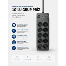 Termal Akım Korumalı USB Type-C Girişli 10'lu Grup Priz 2500W Güç Kapasitesi (Kopya)