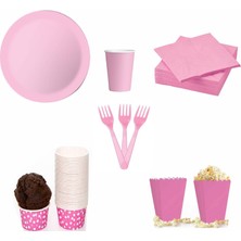 Zenviva 8 Pembe Tabak, 8 Pembe Bardak, 8 Pembe Mısır Kutusu, 10 Pembe Çatal, 10 Pembe Peçete, 10 Cupcake