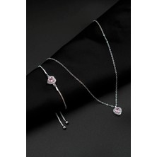 C&On Design Pembe Zirkon Taşlı Kalp Charm Model Kadın Kolye ve Bileklik Ikili Set