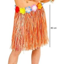 Yetişkin ve Çocuk Uyumlu Turuncu Renk Püsküllü Hawaii Luau Hula Etek 40 cm