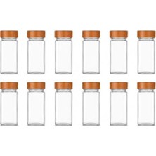 Bambu Kapaklı Cam Baharatlık Seti 12 Adet, Şeffaf Kare Baharat Kavanozu, Plastik Delikli Iç Kapaklı Kontrollü Döküm Sistemi, 11X4X4 cm Mutfak Düzenleyici Baharat Saklama Kabı Seti