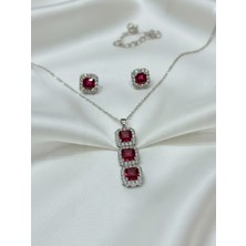 Seyn Accessory Kadın Kararmaz Kırmızı Yakut Taşlı Damla Kesim Şelale Model Kolye Küpe Seti