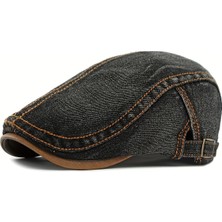 YYB Erkek Kot Gözlük Şapkası Deri Detaylı Retro Flat Cap Ayarlanabilir Siyah Kumaşlı Unisex Kullanım