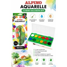 Artlantis 12 Renk Sulu Boya 28MM 1 Paket Alpino Aquarelle 12 Li Suluboya Fırça Hediyeli Canlı Renkler Kaliteli Yıkanabilir Zararsı
