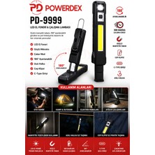 Powerdex PD-9999 Şarjlı LED Çalışma Lambası | 180° Ayarlanabilir | Cob + LED El Feneri | Mıknatıslı | Type-C Şarjlı | Cep Klipsli