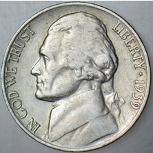 Banknoting Amerika 5 Cent 1939 S. Jefferson Nıckel. Ikinci Dünya Savaşı Dönemi. Nadir.