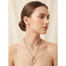 Ovia Jewelry Çift Halka Uçlu Çok Katlı Siyah Ipli Kolye - Gold Detaylı Şık Kadın Kolye