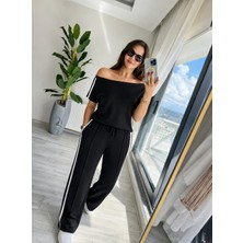 Bet's  Kadın Tek Omuzdan Açık Yan Şerit Detaylı Viskon Iki Iplik Bluz ve Pantolon Ikili Takım