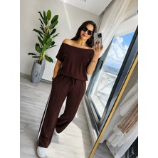 Bet's  Kadın Tek Omuzdan Açık Yan Şerit Detaylı Viskon Iki Iplik Bluz ve Pantolon Ikili Takım