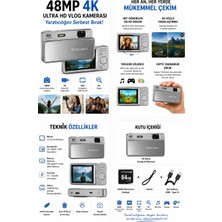 Nemere Dijital Kamera 4K Hd 48MP 16X Zoom Flaşlı Kayar Retro Video Kamera 2.8’’ Ekran 64GB Sd Kart Hediyeli Gümüş