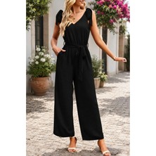 Meride Fashion Omuzlardan Bağlamalı V Yaka Beli Kuşaklı Aerobin Tulum - 4652 Siyah - L/xl