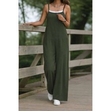Meride Fashion Askılı Yandan Fermuarlı Geniş Paça Tulum Yeşil - S/m
