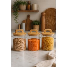 Fhilli Aria- 3'lü Borosilikat Bambu Kapaklı Kavanoz 600 ml Düz