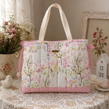 Elisss Bag Beyaz Çiçek Desenli Kadın Çanta, Piknik Çantası, Lunchbag, Bebek Çantası, Plaj Çantası %100 Pamuk