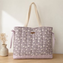 Elisss Bag Mor Çiçek Desenli Kadın Çanta, Piknik Çantası, Lunchbag, Bebek Çantası, Plaj Çantası %100 Pamuk