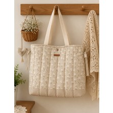 Elisss Bag Krem Çiçek Desenli Kadın Çanta, Piknik Çantası, Lunchbag, Bebek Çantası, Plaj Çantası %100 Pamuk