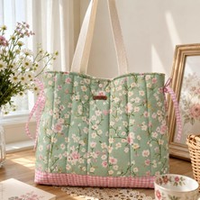 Elisss Bag Yeşil Çiçek Desenli Kadın Çanta, Piknik Çantası, Lunchbag, Bebek Çantası, Plaj Çantası %100 Pamuk