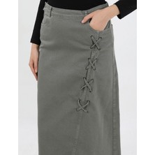 Vellichor Bağcık Detaylı Denim Etek- Haki