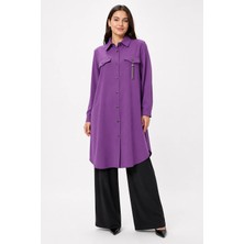 Perfect Modal Kumaş Gömlek Yaka Düğmeli Zincir Aksesuarlı Tunik Lila