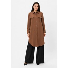 Perfect Modal Kumaş Gömlek Yaka Düğmeli Zincir Aksesuarlı Tunik Kahve