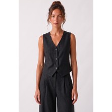 goffra Kadın Terra %100 Keten Yelek Yazlık Nefes Alabilen Siyah W301-K0402-03