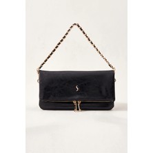 Santini Kadın Çanta Çapraz Çanta Askılı Kol Çantası Omuz Çantası Çift Zincir Askılı Clutch El Çantası – Siyah Lior Fold