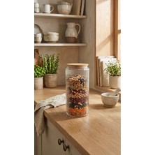 leela Home Bambu Vakum Kapaklı Cam Saklama Kabı 1350 ml | Fitilli Cam Kavanoz Kuru Gıda Saklama Kabı