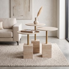 Her Dizayn Aksesuar Modern Zigon Sehpa Trio Yuvarlak Servis Sehpası Traverten Desenli %100 Mdf