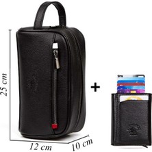 Sannora Bags Siyah Deri Portföy El Çantası Seyahat Traş Kozmetik Bakım Çanta ve Mekanizmalı Cüzdan Set