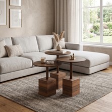 Her Dizayn Aksesuar Modern Zigon Sehpa Trio Yuvarlak Servis Sehpası Ceviz %100 Mdf