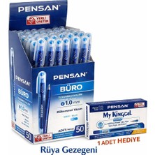 Pensan Büro Tükenmez Kalem Mavi 1.0 mm Büro Tipi 50 Adet 1 Kutu / 1 Adet My Kıng Mavi Jel Kalem Hediye